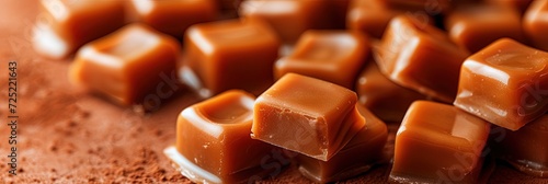 sweet caramels soft and chewy on solid background with copy space