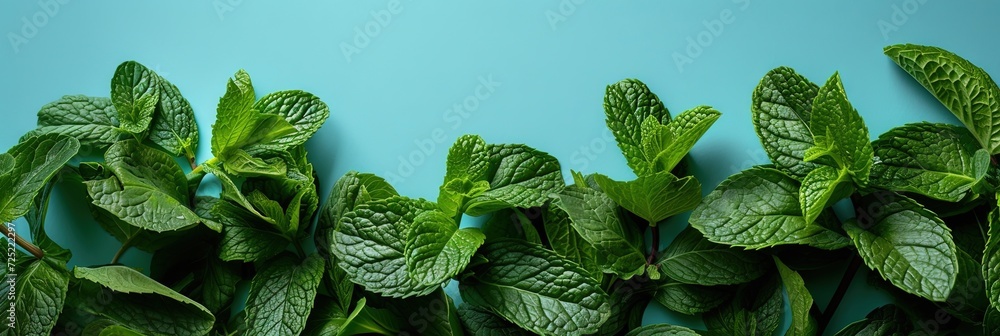 Mint leaves on solid background with copy space. - obrazy, fototapety, plakaty 