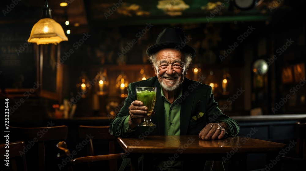 old man wearing shamrock and holding glass of green beer.