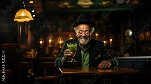 old man wearing shamrock and holding glass of green beer.