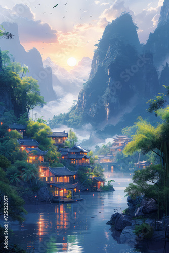 Flat style, mountains, clouds, water, terraced mountain villages, willows, bamboo, wide-angle natural light, sun, sky, generative ai