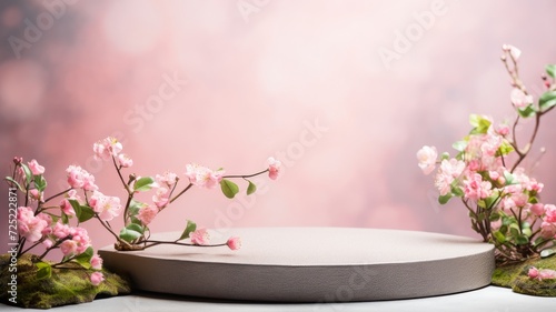 Podium for spring background. 3D display podium with copy space template 3d render. Background for cosmetic products of natural.