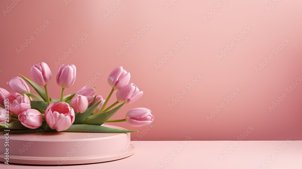 Obraz premium Podium tulips and pink . 3D display podium with copy space template 3d render. Background for cosmetic products of natural.