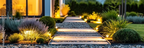 walkway with lights through yard and garden at home photo