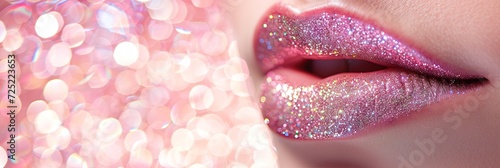 glittering lipstick on closeup of woman's lips with bokeh background for beauty concept