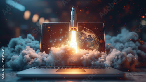 Rocket coming out of laptop screen, innovation and creativity concept, generative ai photo