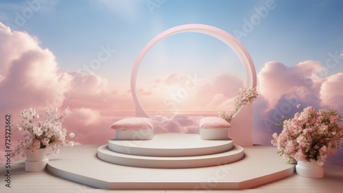 Pink product display podium with blurred pastel color sky background. 3D display podium with copy space template 3d render. Background for cosmetic products of natural.