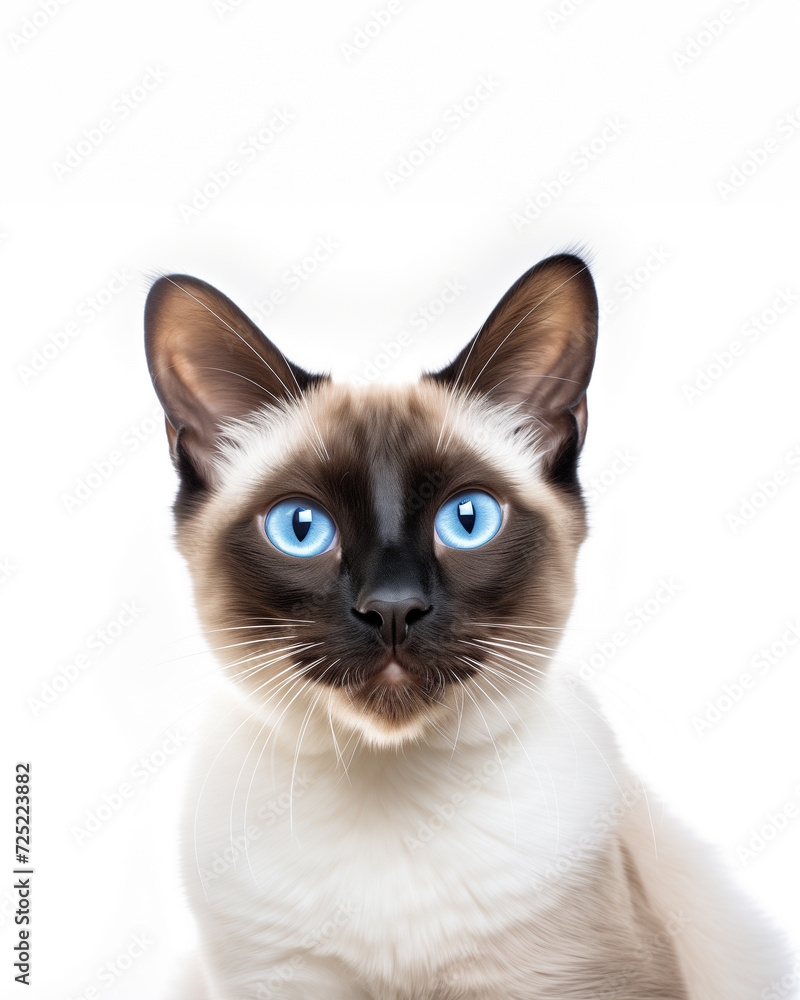 Siamese cat with blue eyes look at camera photo on white background