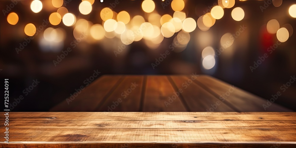 Empty restaurant table for product display or montage, with abstract blurred bokeh background.