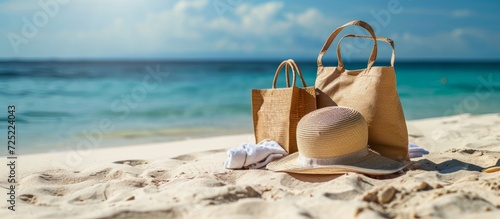 Close-up of bags, hat, and towel on a sunny sandy beach
