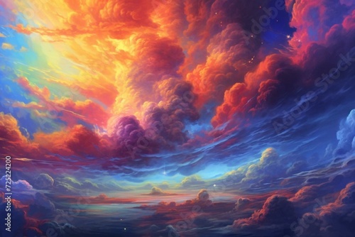 Vivid scenery featuring vibrant clouds. Imaginative artwork suitable for literature, graphics, and prints. Generative AI