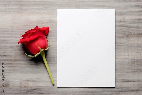 Blank white paper greeting card with pink rose flower on bright wooden background. Valentine's day-wedding. Mockup presentation. advertisement. copy text space.
