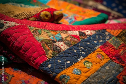 Close-up of vibrant, intricate handstitched antique quilts. Generative AI photo