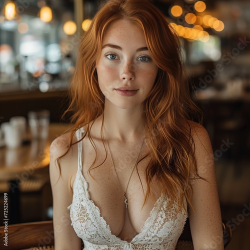 extremely gorgeous pretty fantastic mature 20 year old curvacious Irish redhead woman. Wearing a nice summer lace dress in a city cafe. photo