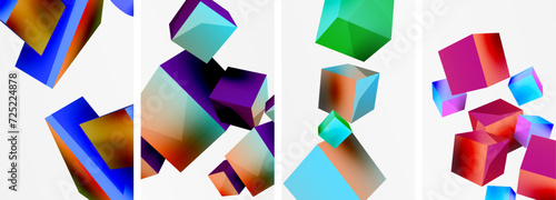 Flying 3d shapes, cubes and other geometric elements background design for wallpaper, business card, cover, poster, banner, brochure, header, website