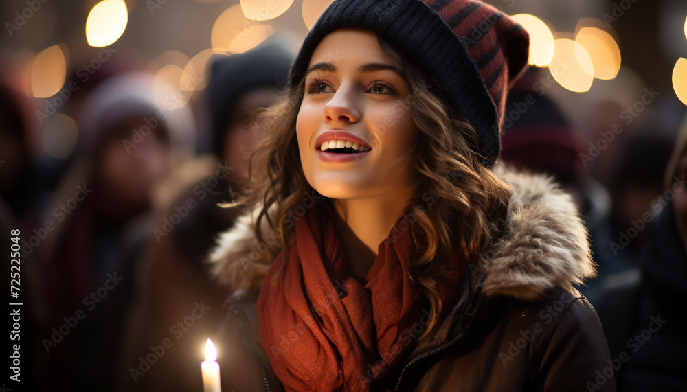 Smiling young woman in winter brings happiness generated by AI