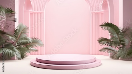Podium orang and tangerine around with front view . 3D display podium with copy space template 3d render. Background for cosmetic products of natural.