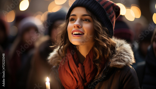 Smiling young woman in winter brings happiness generated by AI