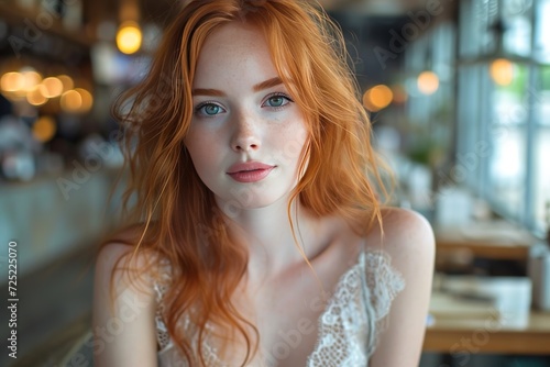 extremely gorgeous pretty fantastic mature 20 year old curvacious Irish redhead woman. Wearing a nice summer lace dress in a city cafe. photo