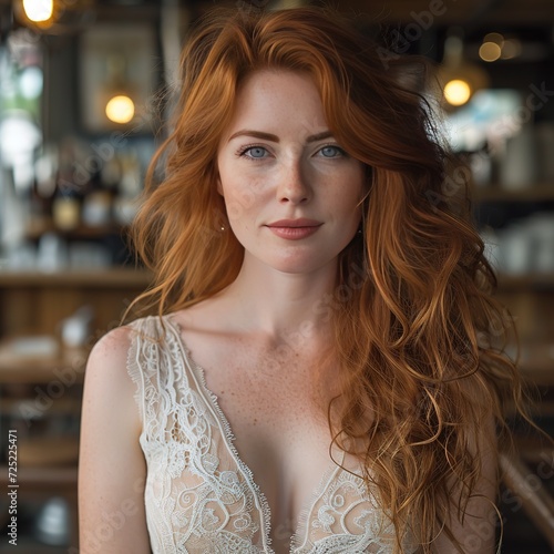extremely gorgeous pretty fantastic mature 30 year old curvacious Irish redhead woman. Wearing a nice summer lace dress in a city cafe. photo