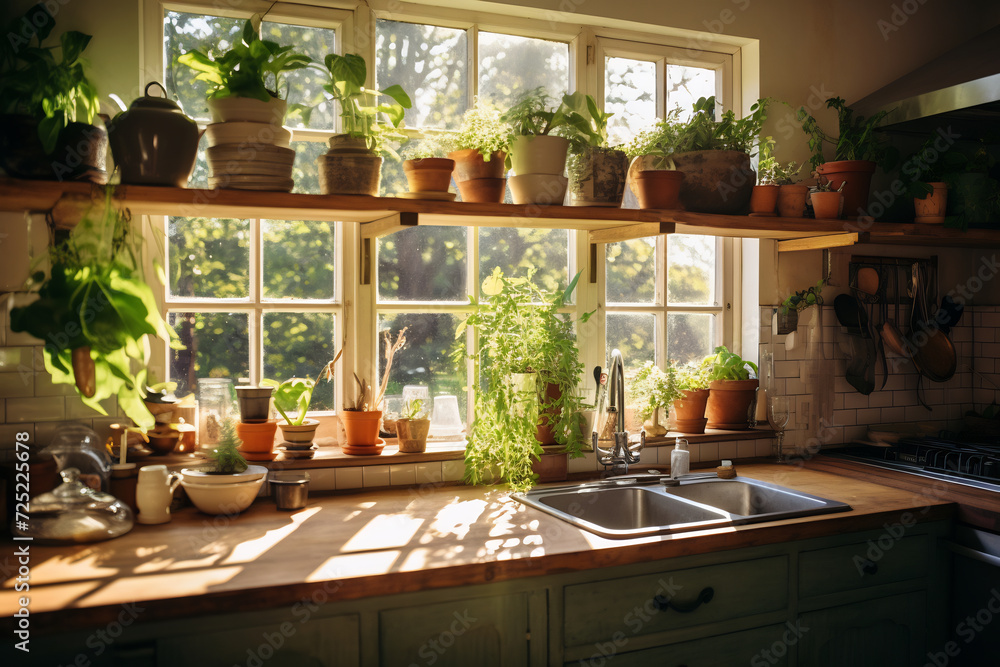 Rustic Home Kitchen with Sunlight Streaming Through Window onto Herbs and Pottery. Cozy Interior Concept Rustic Home Kitchen with Sunlight Streaming Through Window onto Herbs and Pottery. Cozy Interior Concept