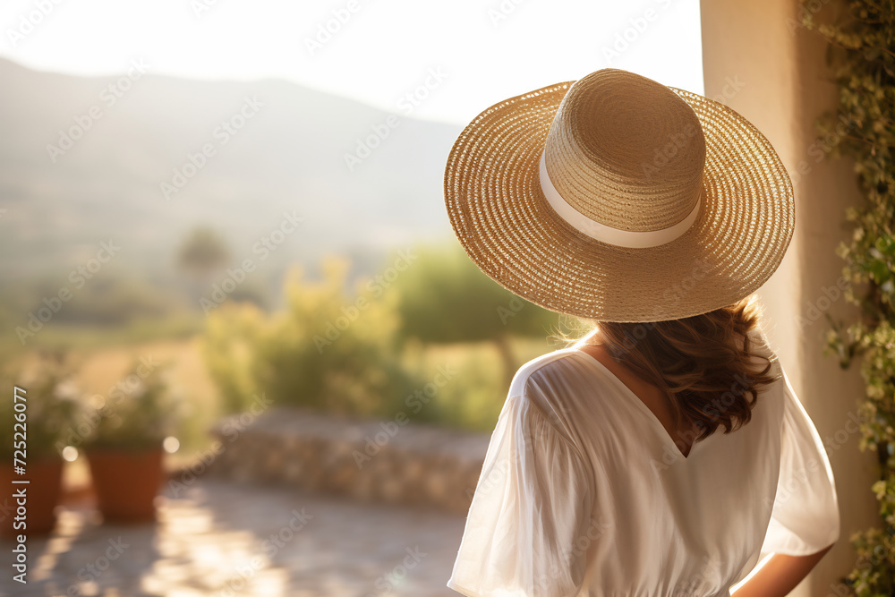 Elegant Woman in Sunhat Enjoying the Scenic Tuscan Countryside View. Tranquil Travel and Lifestyle Concept