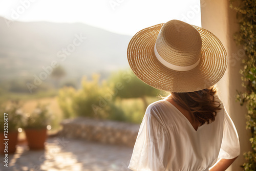 Elegant Woman in Sunhat Enjoying the Scenic Tuscan Countryside View. Tranquil Travel and Lifestyle Concept