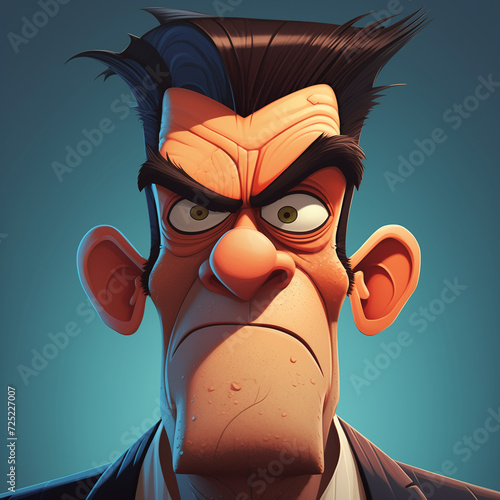 Bob is the cartoonish character middle aged, big ears, thick eyebrows, a scruffy chin, and a big nose with a faded haircut in a suit and blue gradient background