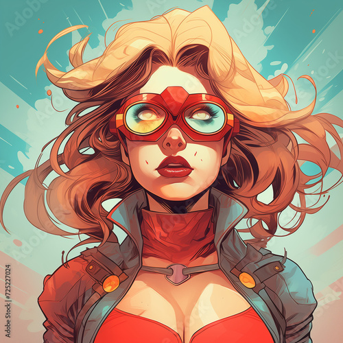 Female Woman Comic book character with flowing wind blown blonde hair googles and a red super  costume