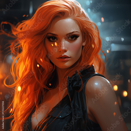 Firey red head in black shrit with embers around