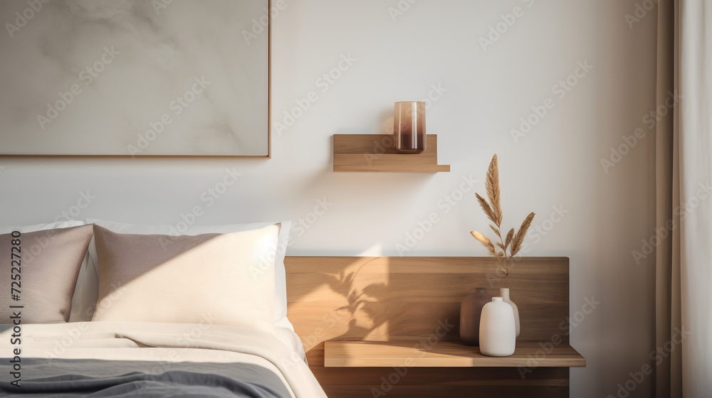 Modern Bedroom Interior with Neutral Tones, Bedside Table, and Decorative Lamp. Contemporary Home Decor Concept Modern Bedroom Interior with Neutral Tones, Bedside Table, and Decorative Lamp. Contemporary Home Decor Concept