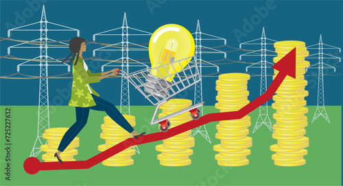 Higher and higher price for energy, electricity and delivering of it. Woman with shopping cart with light bulb. Economy, expensive transmission of energy. Dimension 16:9. Vector illustration.