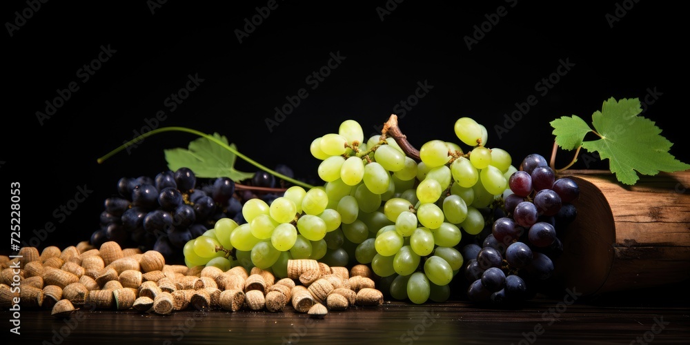 Grapes and corks on dark background with room for text