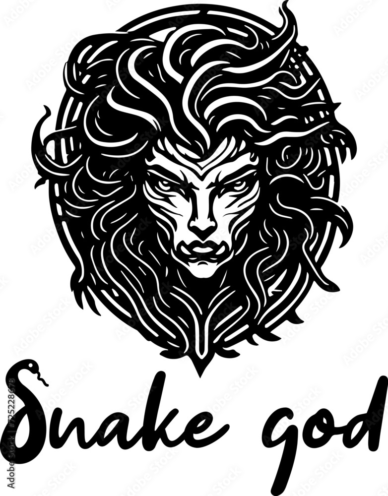 The symbol of the snake god. Human head with black and white snake tail hair