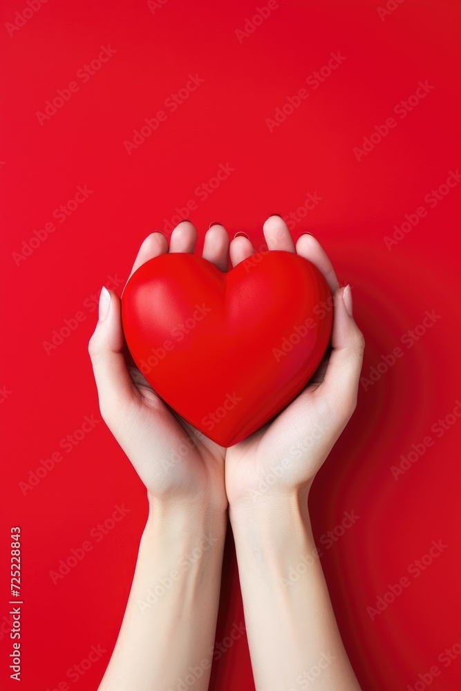 Two Hands Holding a Red Heart Against a Red Background Two Hands Holding a Red Heart Against a Red Background