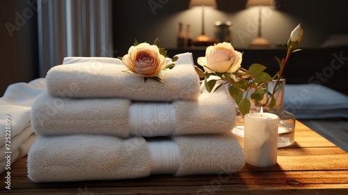 A neat stack of fluffy towels on a wooden table against a background of plants. The theme of comfort and cleanliness at home and in the hotel.