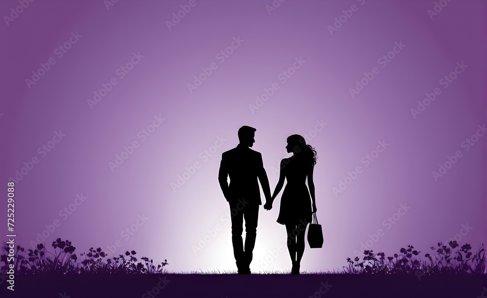 Couple silhouette. soft purple background with copy space. Generative AI