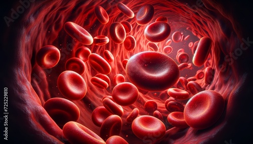 Vivid Journey Through the Bloodstream with Red Blood Cells in a Vascular Tunnel