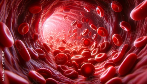 Vivid Journey Through the Bloodstream with Red Blood Cells in a Vascular Tunnel