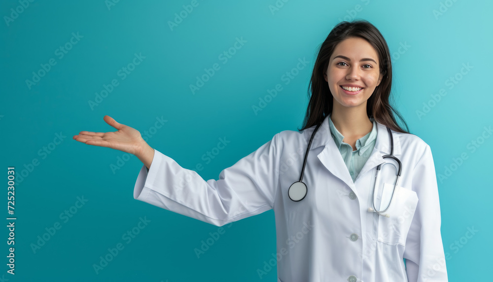 Friendly Female Doctor Gesturing with Open Hand on Medical Blue Background, Gesturing Left toward Copy Space Friendly Female Doctor Gesturing with Open Hand on Medical Blue Background, Gesturing Left toward Copy Space