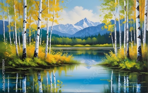 Autumn birch with yellow foliage near the lake. Watercolor art. Mountains background