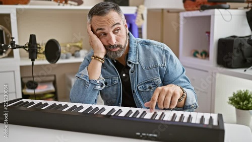 Tired hispanic man with grey beard in music studio playing keyboard photo