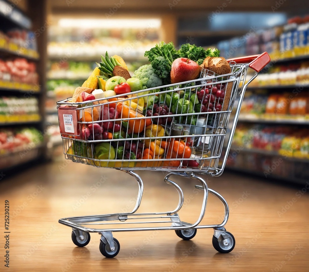 Fresh Groceries and Produce Inside the Supermarket Shopping Cart Trolley. Generative Ai. Ai