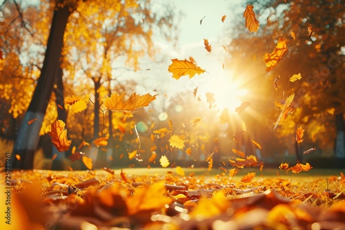 Beautiful autumn landscape with yellow trees and sun