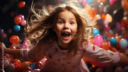 little girl is jumping away from colorful eggs.