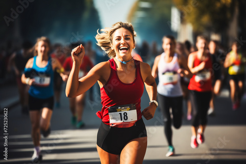 Energetic Female Runner with Curly Hair Joyfully Nearing the Finish Line at a City Race Event. Sports and Fitness Concept