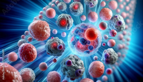 close-up view of a group of stylized cancer cells in a dynamic