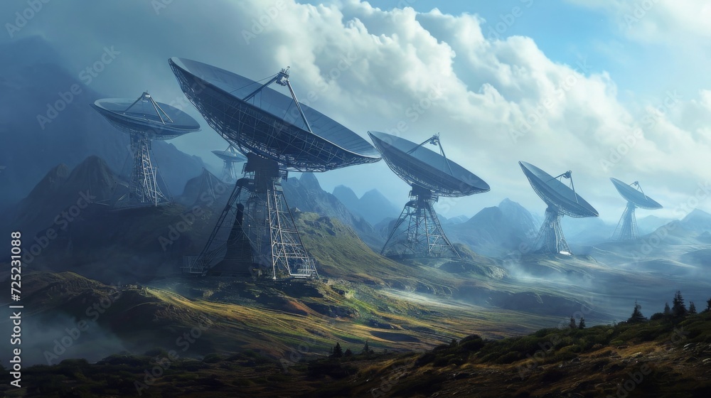 Naklejka premium White Radio Telescope, a large satellite dish on a background of blue sky, radar. Technology concept, search for extraterrestrial life, wiretap of space. Mixed medium, copy space