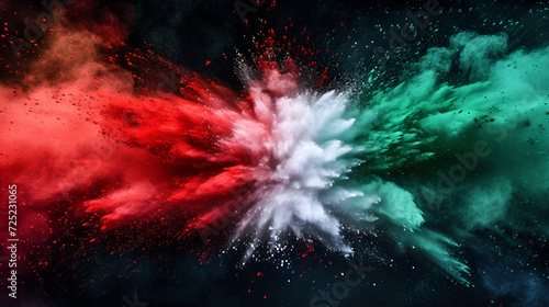  Green white and red colored powder explosions on black background. Holi paint powder splash in colors of Mexican flag. generative ai photo