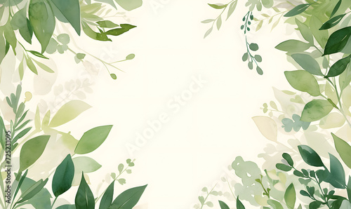 Green leaves watercolor background invitation template, Generative AI 